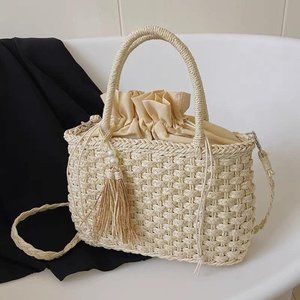 Handmade Straw Top Handle Tote Bag, Woven Boho Basket Bag with Round Handle